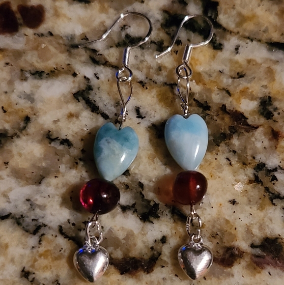 New handmade Dominican larimar heart earrings - Picture 4 of 7